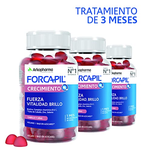 Arkopharma Forcapil Crecimiento, Pack Tratamiento de 3 meses, 180 Gummies, Sabor Frutos Rojos, Fuerza, Vitalidad y Brillo, Alta Concentración en Biotina, Vitamina B y C, Complemento Alimenticio