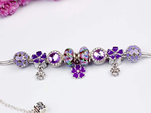 ATE Charm Pulsera Violeta Abalorios Vidrio de Flores Regalo para Mujeres JWB22