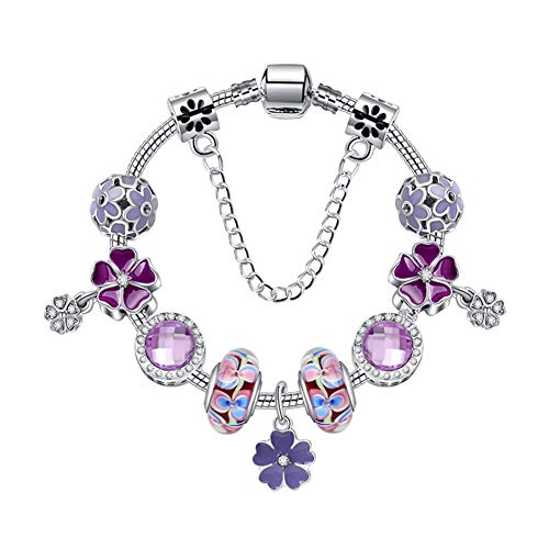 ATE Charm Pulsera Violeta Abalorios Vidrio de Flores Regalo para Mujeres JWB22