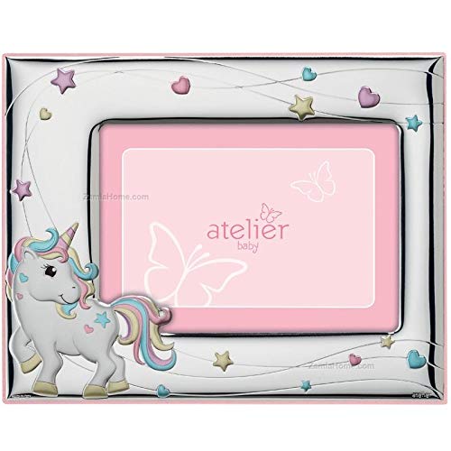 Atelier - Portafotos de unicornio para niña, plata 925, portafotos de PVD plateado, diseño de unicornio, parte trasera de madera Marco para niño de 9 x 13 cm – Rosa Marca: Atelier