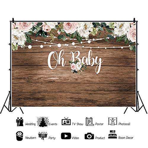 AWERT 2,2x1,5m Oh Baby Backdrop Baby Shower rústico Madera Acuarela Fondo Floral para niños recién Nacidos 1er cumpleaños Fiesta Decoraciones Cake Smash Pictures Studio Photography Props Banners