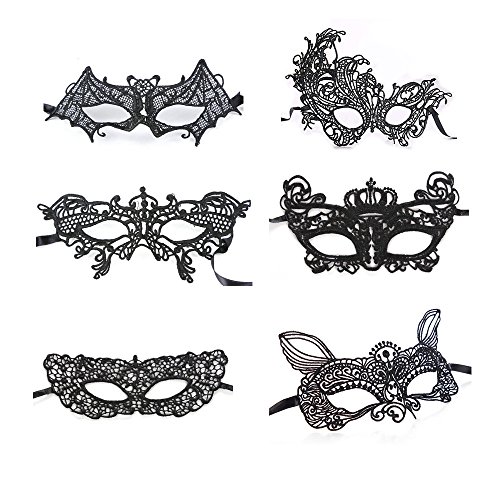 Baanuse 6Pcs Máscara Veneciana Mujer ata Fiesta de Carnaval de la Mascarada, Negro