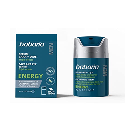 Babaria - Serum cara y ojos para hombre - Serum triple efecto:  energizante, antibolsas y antiojeras. - Serum para rostro que mejora la hidratación y elasticidad - 100% Vegano - 30ml, Blanco