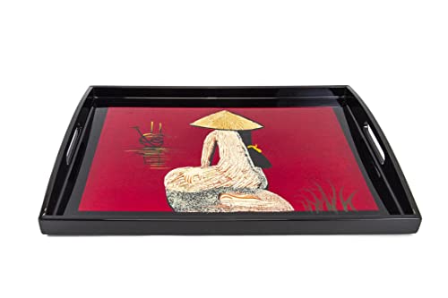 Bandeja de madera lacada roja y negra "Mujer Vietnamita", hecha a mano, 35 x 24 cm, bandeja de servicio con asa, artesanía de Vietnam y decoración Asiática, S39-4922-35)