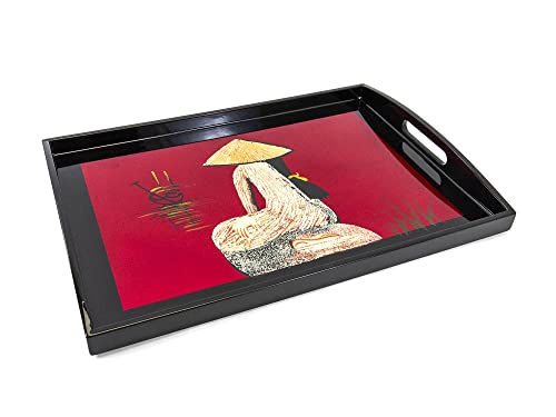 Bandeja de madera lacada roja y negra "Mujer Vietnamita", hecha a mano, 35 x 24 cm, bandeja de servicio con asa, artesanía de Vietnam y decoración Asiática, S39-4922-35)