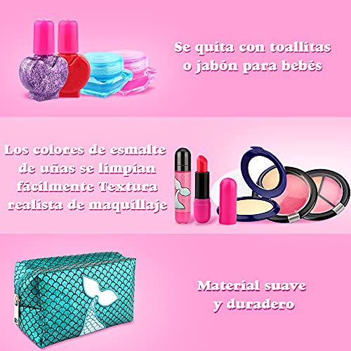 Baztoy Maquillaje para Niñas, 17pcs Juguetes Set Maquillaje Infantil Lavable con Bolso, Pintalabios, Kit Esmalte Uñas para Princesa 3 4 5 6 7 8 9 10 años Juegos Regalo Cumpleaños Fiesta  Navidad