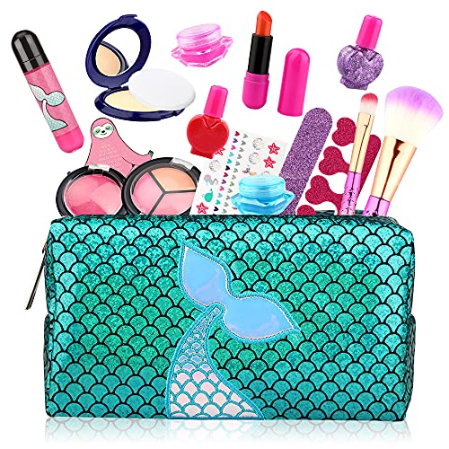 Baztoy Maquillaje para Niñas, 17pcs Juguetes Set Maquillaje Infantil Lavable con Bolso, Pintalabios, Kit Esmalte Uñas para Princesa 3 4 5 6 7 8 9 10 años Juegos Regalo Cumpleaños Fiesta  Navidad