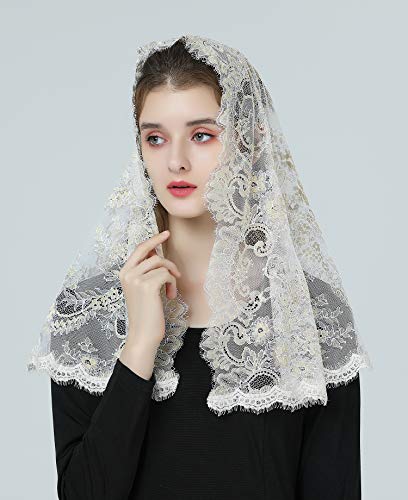 BEAUTELICATE Mantilla De Encaje Española Mujer Capilla Velo Pañuelo de Lglesia Católica Bordado Chal Bufanda Oro Champán V116