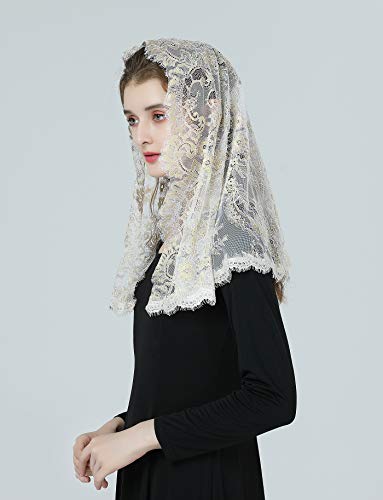 BEAUTELICATE Mantilla De Encaje Española Mujer Capilla Velo Pañuelo de Lglesia Católica Bordado Chal Bufanda Oro Champán V116