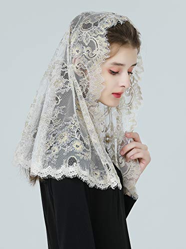 BEAUTELICATE Mantilla De Encaje Española Mujer Capilla Velo Pañuelo de Lglesia Católica Bordado Chal Bufanda Oro Champán V116