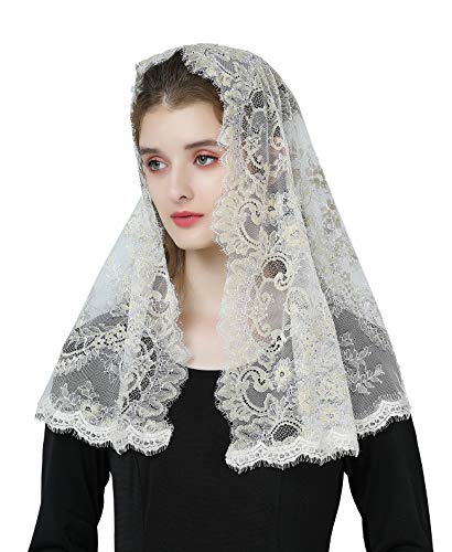 BEAUTELICATE Mantilla De Encaje Española Mujer Capilla Velo Pañuelo de Lglesia Católica Bordado Chal Bufanda Oro Champán V116