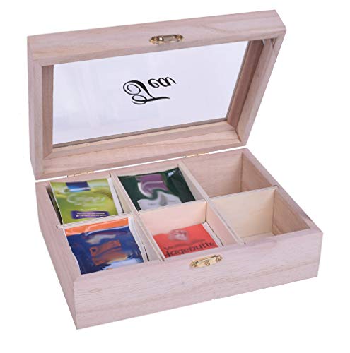 BeBuy24 Caja para bolsitas de té de madera auténtica, 6 compartimentos