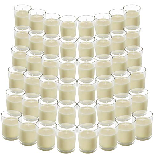 BELLE VOUS Velas en Vaso Cristal (Pack de 48) - Velas Blancas Votivas sin Aroma – 12 Horas Funcionamiento - Portavelas Cristal Transparente Velas de Cera Vertida a Mano – para Bodas, SPA, Hogar