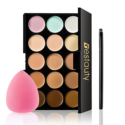 Bestauty 15 Colores Camouflage Corrector Palette Professional Contour Sombra de ojos Crema Facial Kit de Base de Maquillaje con Pincel de Maquillaje y Esponja(Color aleatorio)