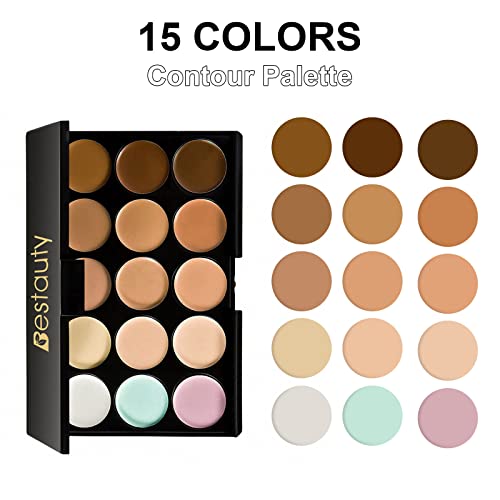 Bestauty 15 Colores Camouflage Corrector Palette Professional Contour Sombra de ojos Crema Facial Kit de Base de Maquillaje con Pincel de Maquillaje y Esponja(Color aleatorio)