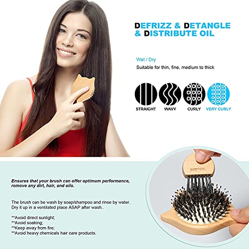 BESTOOL Cepillos de pelo de viaje pequeños para mujeres, hombres o niños, cepillo de pelo de cerdas de jabalí de madera para desenredar (natural)