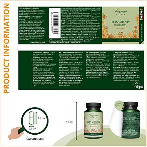 Betacaroteno Vegavero® | 180 Cápsulas | Sin Aditivos Artificiales | El Único Natural: de Extracto de Zanahoria | Acelerador Bronceado + Rico en Vitamina A + Luteína | 7 mg