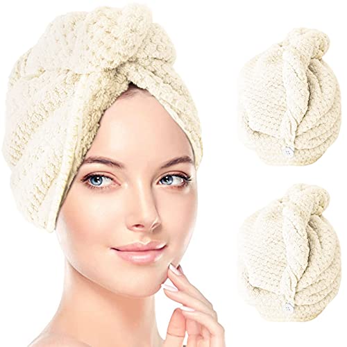 Bigmeda Toalla Microfibra Pelo Rizado 2 Piezas Toallas Pelo Suave Absorbentes de Toallas para el Toalla de Microfibra Pelo de Secado Rápido con Diseño de Botónde para Mujeres (C)