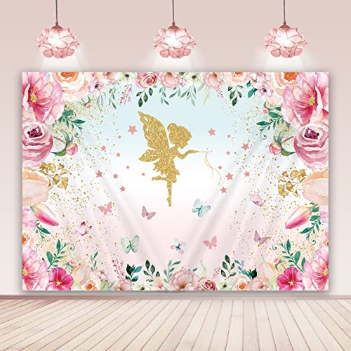 BINQOO Fondo de fondo rosa de mariposa floral de 2,1 x 1,5 m para niñas, princesa, fiesta de cumpleaños, foto de ángel flores de té, acuarela, país de las maravillas sesión de fotos suministros