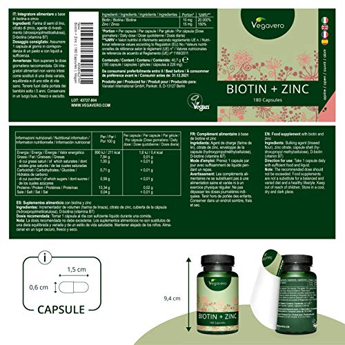 Biotina + Zinc Vegavero® | La Única Sin Aditivos Artificiales | 10000 mcg | 180 Cápsulas | Apta para Veganos | Crecimiento de Cabello + Piel & Uñas