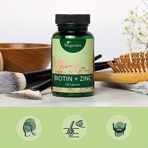 Biotina + Zinc Vegavero® | La Única Sin Aditivos Artificiales | 10000 mcg | 180 Cápsulas | Apta para Veganos | Crecimiento de Cabello + Piel & Uñas