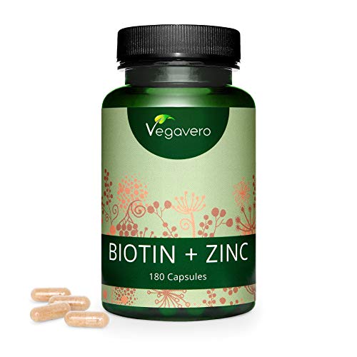 Biotina + Zinc Vegavero® | La Única Sin Aditivos Artificiales | 10000 mcg | 180 Cápsulas | Apta para Veganos | Crecimiento de Cabello + Piel & Uñas