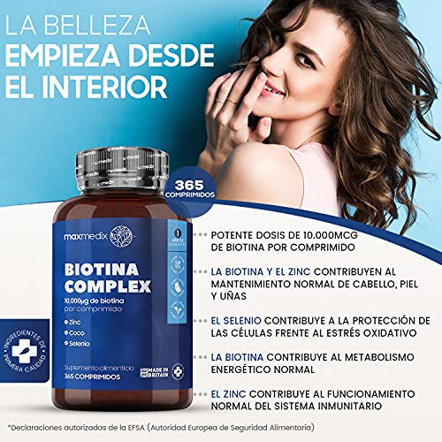 Biotina Zinc y Selenio 10000 mcg 365 Comprimidos Vegano - Suplemento Vitamínico Para Crecimiento Cabello, Piel y las Uñas, Enriquecido con Aceite de Coco Contribuye al Metabolismo Energético Normal