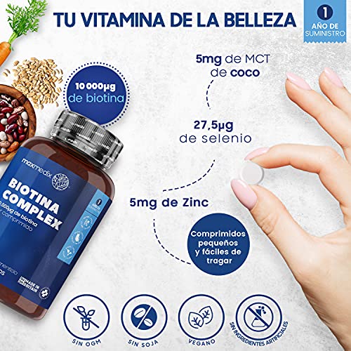 Biotina Zinc y Selenio 10000 mcg 365 Comprimidos Vegano - Suplemento Vitamínico Para Crecimiento Cabello, Piel y las Uñas, Enriquecido con Aceite de Coco Contribuye al Metabolismo Energético Normal