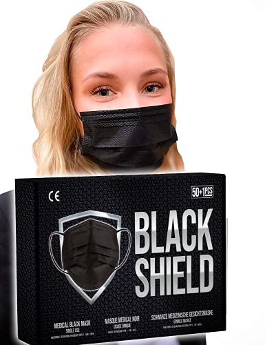 BLACK SHIELD - 51 unidades - Mascarilla Quirúrgica Tipo I Negra - Certificación CE - 3 capas - Filtración BFE > 95%.