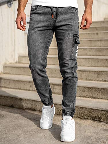 BOLF Hombre Pantalón Vaquero Cargo Jogger Denim Jeans Pantalón de Mezclilla Skinny Vaqueros Sombreado Vaqueros Ajustados de Algodón Slim Fit Estilo Urbano Red Fireball HY895 Negro M [6F6]