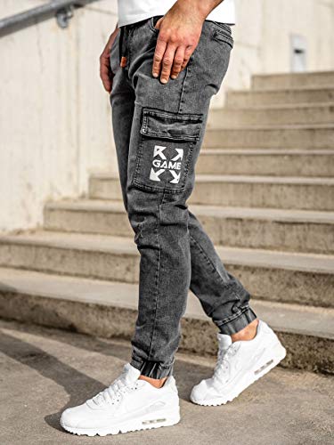 BOLF Hombre Pantalón Vaquero Cargo Jogger Denim Jeans Pantalón de Mezclilla Skinny Vaqueros Sombreado Vaqueros Ajustados de Algodón Slim Fit Estilo Urbano Red Fireball HY895 Negro M [6F6]