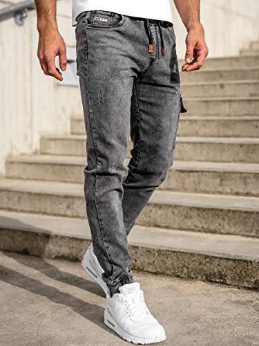 BOLF Hombre Pantalón Vaquero Cargo Jogger Denim Jeans Pantalón de Mezclilla Skinny Vaqueros Sombreado Vaqueros Ajustados de Algodón Slim Fit Estilo Urbano Red Fireball HY895 Negro M [6F6]