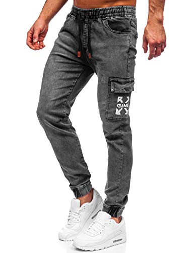 BOLF Hombre Pantalón Vaquero Cargo Jogger Denim Jeans Pantalón de Mezclilla Skinny Vaqueros Sombreado Vaqueros Ajustados de Algodón Slim Fit Estilo Urbano Red Fireball HY895 Negro M [6F6]