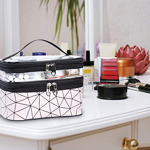 Bolsa de Maquillaje de Viaje Portátil Bolsa de Cosméticos Neceser con Cremallera, Impermeable Doble Capa Organizador de Artículos de Tocador para Mujer y Niñas, Rosado