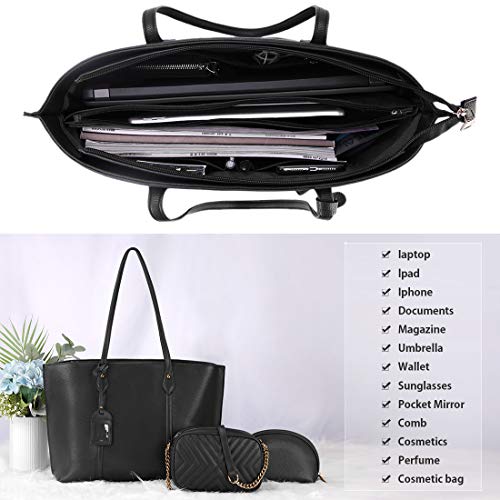 Bolso para Mujer Cuero PU Bolso de hombro Monedero 3Pcs Bolso Grande Bolso Señoras Shopper Totes para  Escuela Compras Viaje Oficina Negro