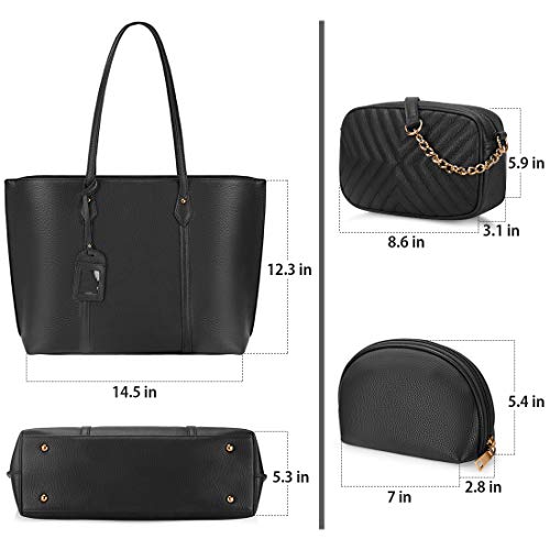 Bolso para Mujer Cuero PU Bolso de hombro Monedero 3Pcs Bolso Grande Bolso Señoras Shopper Totes para  Escuela Compras Viaje Oficina Negro