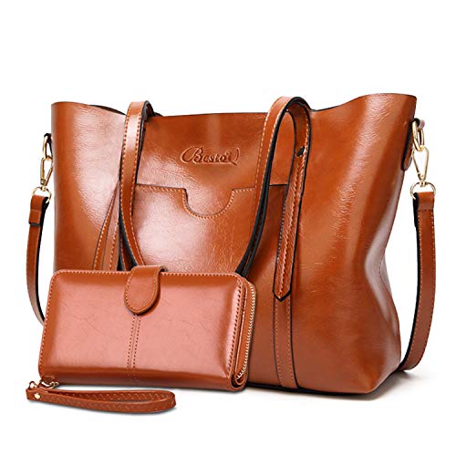 Bolsos de Mujer Bolso Bandolera Tote Grande De Hombro Bolsos PU Cuero Bolsos Billetera 2pcs Set (Marrón)