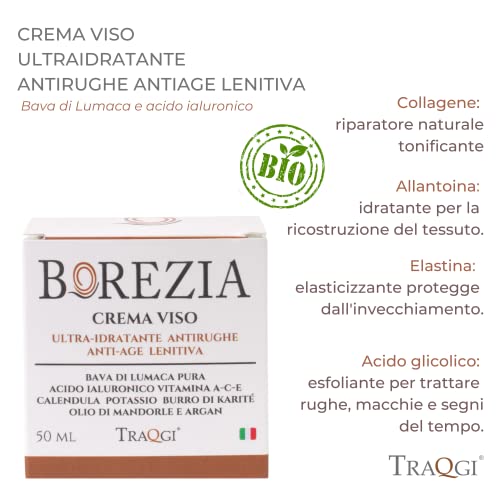 BOREZIA Crema Facial Hidratante Antiarrugas BIO Contorno de Ojos GRATIS 5 ml Baba de Caracol Puro, Ácido Hialurónico, Manchas Antiedad Mujer y Hombre, Cicatrices de Acné en Cuello y Escote