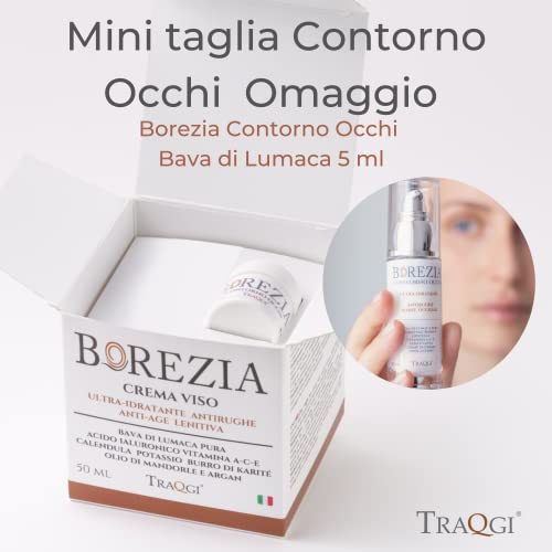 BOREZIA Crema Facial Hidratante Antiarrugas BIO Contorno de Ojos GRATIS 5 ml Baba de Caracol Puro, Ácido Hialurónico, Manchas Antiedad Mujer y Hombre, Cicatrices de Acné en Cuello y Escote