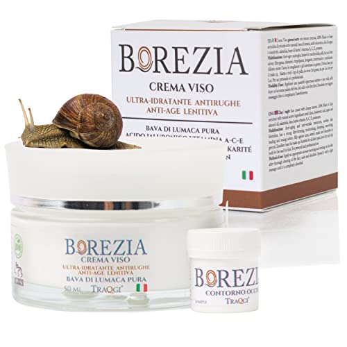 BOREZIA Crema Facial Hidratante Antiarrugas BIO Contorno de Ojos GRATIS 5 ml Baba de Caracol Puro, Ácido Hialurónico, Manchas Antiedad Mujer y Hombre, Cicatrices de Acné en Cuello y Escote