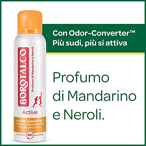 Borotalco, Desodorante en spray Active naranja, absorbe el sudor, sin alcohol, frescura continua, perfume de mandarina y neroli, desodorante para hombre y mujer – Bote de 150 ml