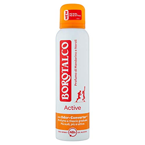 Borotalco, Desodorante en spray Active naranja, absorbe el sudor, sin alcohol, frescura continua, perfume de mandarina y neroli, desodorante para hombre y mujer – Bote de 150 ml