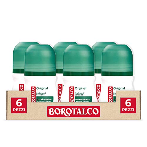 Borotalco, Desodorante Roll-On Original con Microtalco, absorbe el sudor, sin alcohol, piel suave e hidratada, perfume de borotalco, desodorante para hombre y mujer, 6 botellas de 50 ml