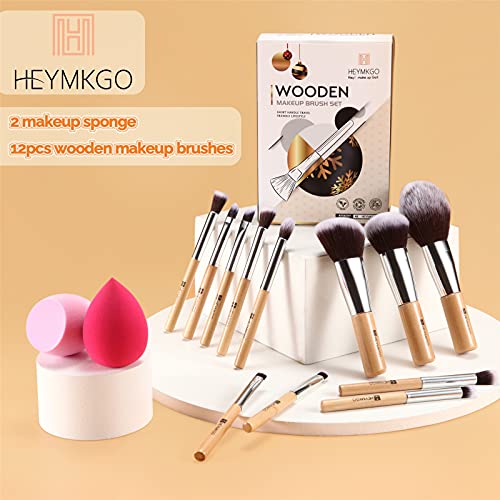 Brochas de Maquillaje HEYMKGO 12 piezas de brochas de maquillaje veganas ecológicas Mango de madera profesional con cerdas suaves Cepillos de sombra de ojos Delineador de ojos Cepillo de cejas