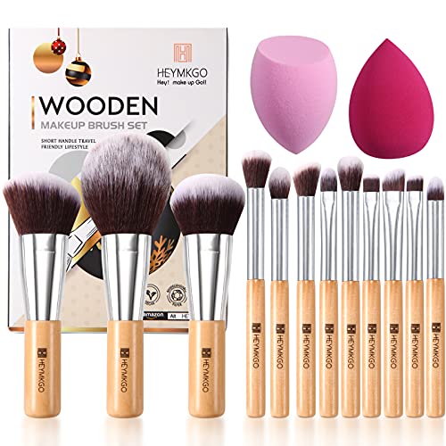 Brochas de Maquillaje HEYMKGO 12 piezas de brochas de maquillaje veganas ecológicas Mango de madera profesional con cerdas suaves Cepillos de sombra de ojos Delineador de ojos Cepillo de cejas