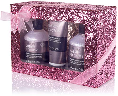 BRUBAKER Cosmetics Set de Baño y Ducha "Cherry Blossom Skin + Spa" con Aroma a Cerezo en Flor - Set de Regalo para Mujer de 4 piezas - Wellness Kit Purpurina rosa + Bolsa de Cosméticos