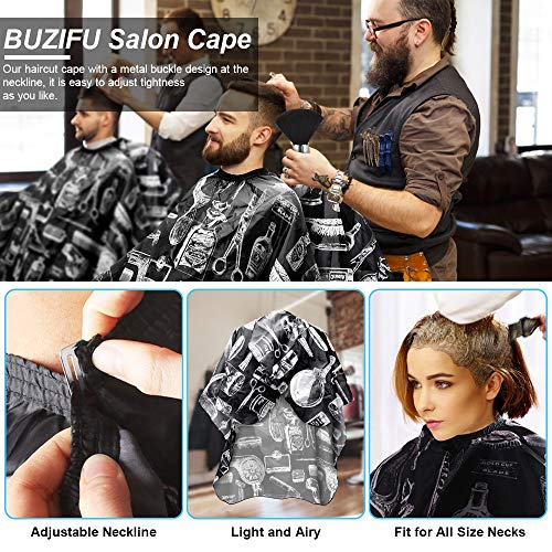 BUZIFU Capa de Peluquería Profesional con Cepillo de Cuello/Cepillo de Barbero Bata Barbero de Gran Tamaño y Ajustable Capa de Peluquería Transpirable para Hombres Mujeres y Niños, Hogar y Salón