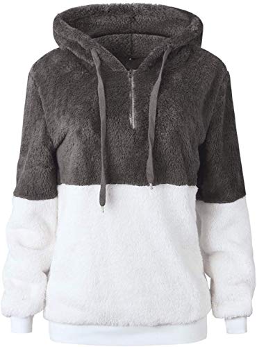 Bwiv Sudadera Mujer con Capucha Caliente Flexible Invierno Otoño en Piel Sintética Multi Color Sudadera Polar Casual Moda Amplio Gris y Blanco S