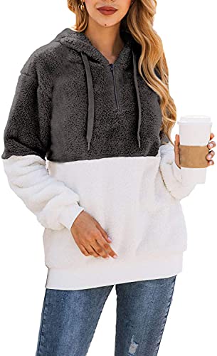 Bwiv Sudadera Mujer con Capucha Caliente Flexible Invierno Otoño en Piel Sintética Multi Color Sudadera Polar Casual Moda Amplio Gris y Blanco S