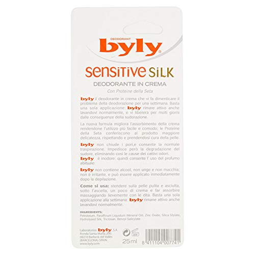 BYLY SENSITIVE SILK Desodorante en crema, pieles sensibles, protección eficaz, antitranspirante femenino, con poteína de seda, larga duración sin perfume ni aluminio, activo 7 días/72 horas, 25 ml